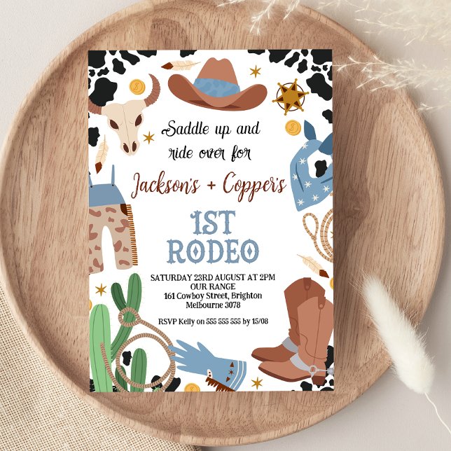 Invitation Blue Brown Twin Boys First Rodeo 1er anniversaire (Blue Brown Twin Boys First Rodeo 1st Birthday Invitation Wild West Western Themed Birthday Twin Boys)