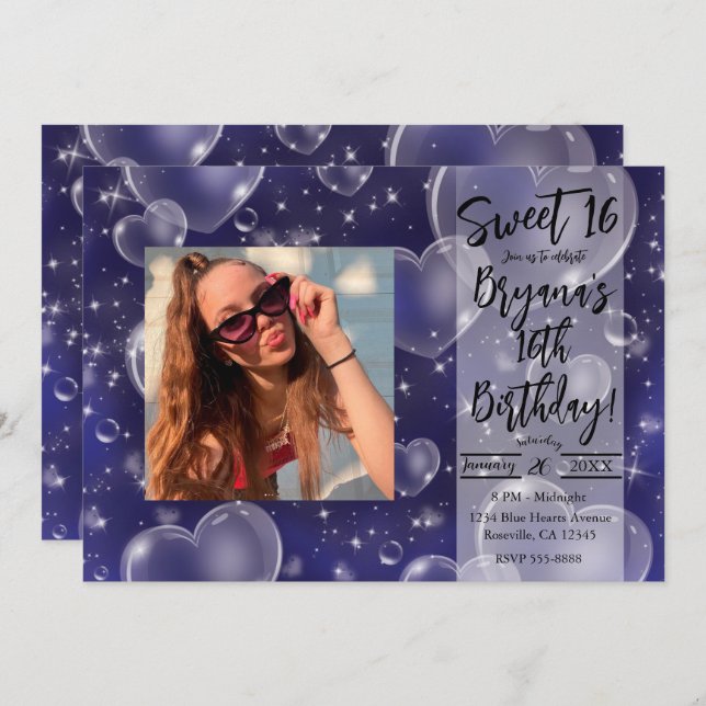 Invitation Blue Bubble Hearts mignonne Girly 90's Anniversair (Devant / Derrière)