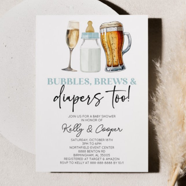 Invitation Blue Bubbles Brews et Diapers aussi! Baby shower (Créateur téléchargé)