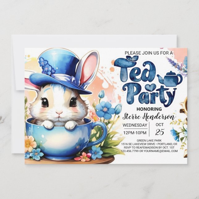 Invitation Blue Bunny Wonderland Tea Party Baby shower garçon (Devant)
