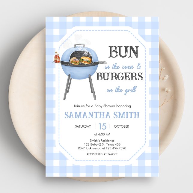 Invitation Blue Burger BBQ Baby Shower (Bun and Burgers Baby Shower Invitation)