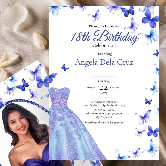 Invitation Blue Butterflies And Dress 18th Birthday Debut (Créateur téléchargé)