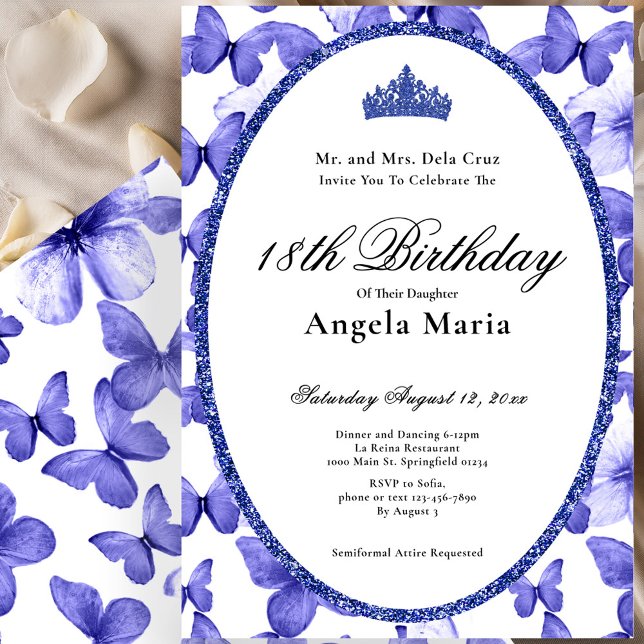 Invitation Blue Butterflies Glam 18th Birthday Debut (Créateur téléchargé)