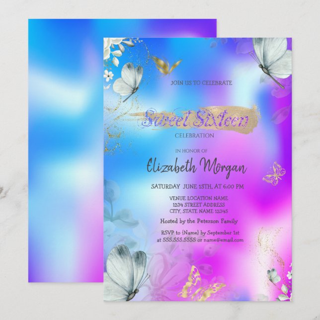Invitation Blue Butterflies Holographic Sweet 16 Birthday  (Devant / Derrière)