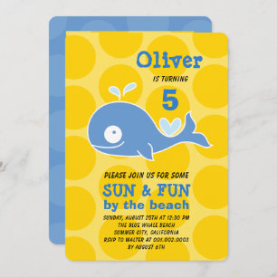 Invitation Blue Cartoon Whale Beach Party Photo Boy Anniversa