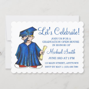 Invitation Blue Casquette Gown School Graduation Party Open H