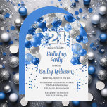 Invitation Blue Celebration Balloons 21e fête d'anniversaire<br><div class="desc">Célébrez en style avec cette invitation vibrante et captivante à la fête du 21e anniversaire, avec un magnifique design en cascade en arc de ballon dans les tons bleu, et accentué avec blanc et gris. Le "21" audacieux du centre apporte une touche ludique mais chic, donnant le ton d'une fête...</div>