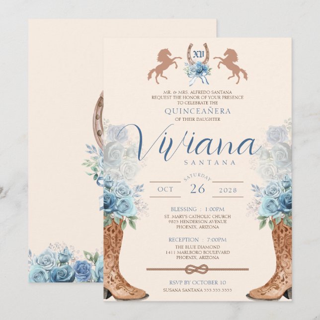 Invitation Blue Charro Roses occidentaux Quinceanera (Devant / Derrière)