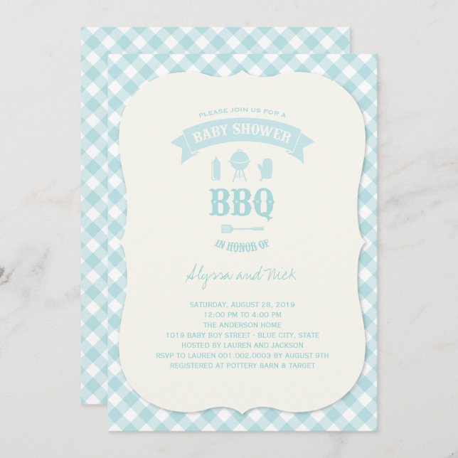 Invitation Blue Checks BBQ Boy Baby shower Summer Party (Devant / Derrière)