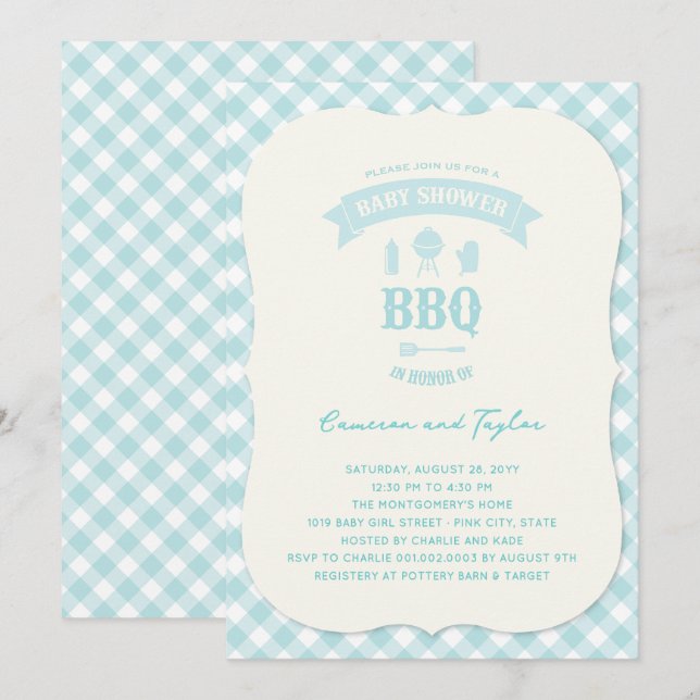 Invitation Blue Checks BBQ Boy Baby shower Summer Party (Devant / Derrière)