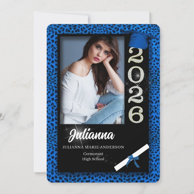 Invitation Blue Cheetah Print Class of 2025 Graduation (Devant)