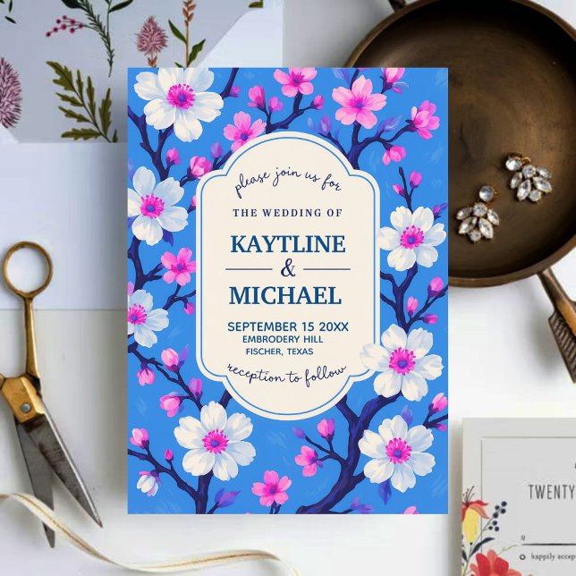 Invitation Blue Cherry Blossom Elegant Floral Romantic Spring (Créateur téléchargé)