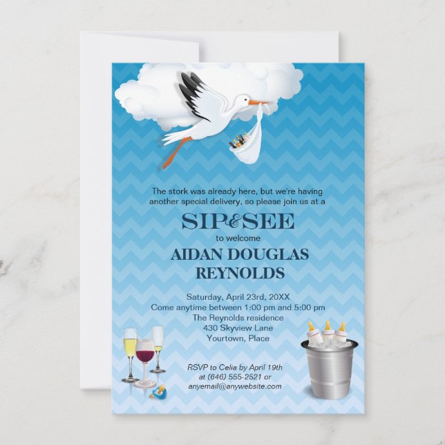Invitation Blue Chevron Stork Baby Sip and See Party (Devant)