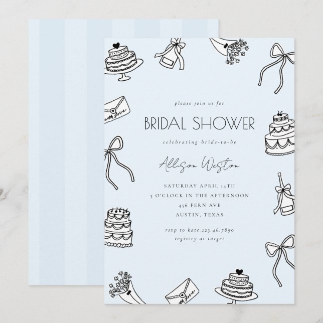 Invitation Blue Chic Bows Cakes and Champagne Bridal Shower (Devant / Derrière)
