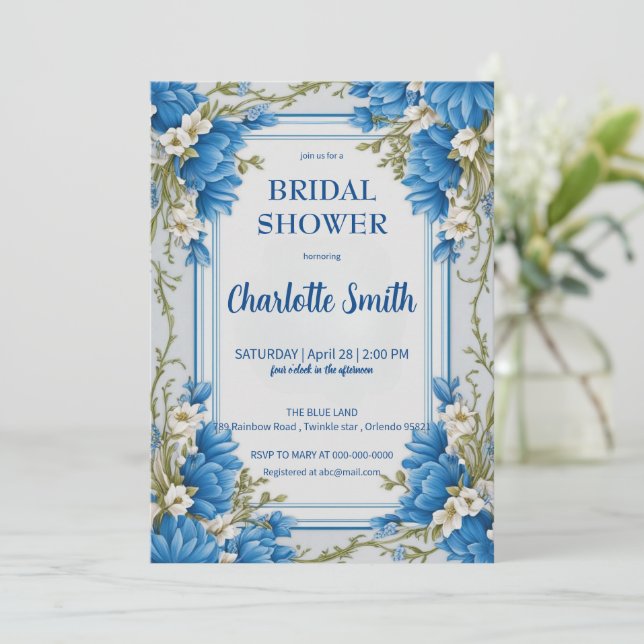 Invitation Blue Chinoiserie antique Floral nuptiale (Debout devant)