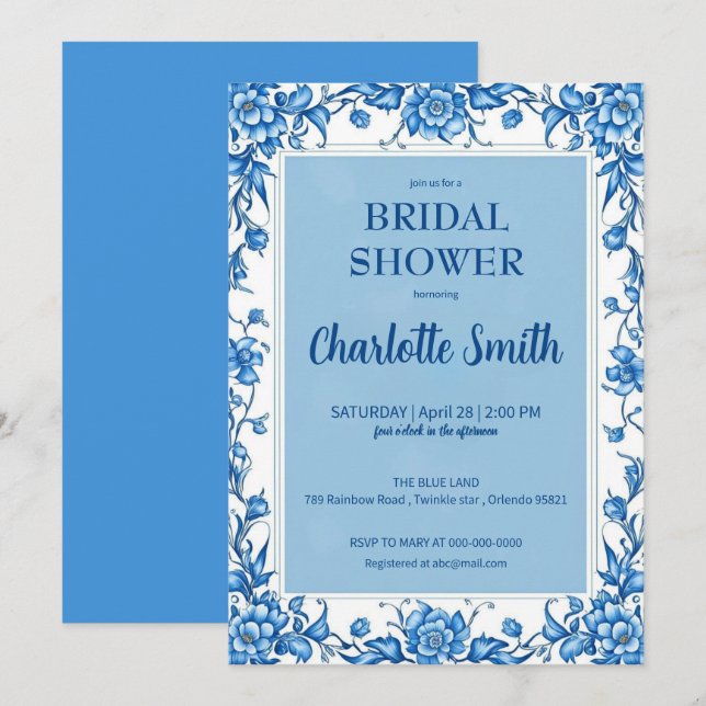 Invitation Blue Chinoiserie antique Floral nuptiale (Devant / Derrière)