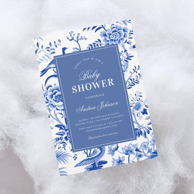 Invitation Blue Chinoiserie Asiatique Baby shower Vintage (Créateur téléchargé)