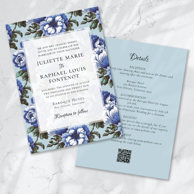 Invitation Blue Chinoiserie Floral tout en un Mariage (Créateur téléchargé)