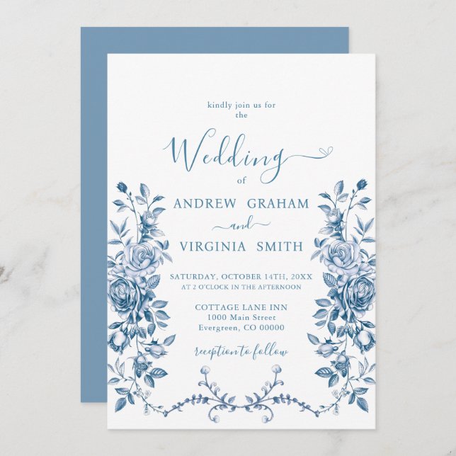 Invitation Blue Chinoiserie Français Vintage Mariage victorie (Devant / Derrière)