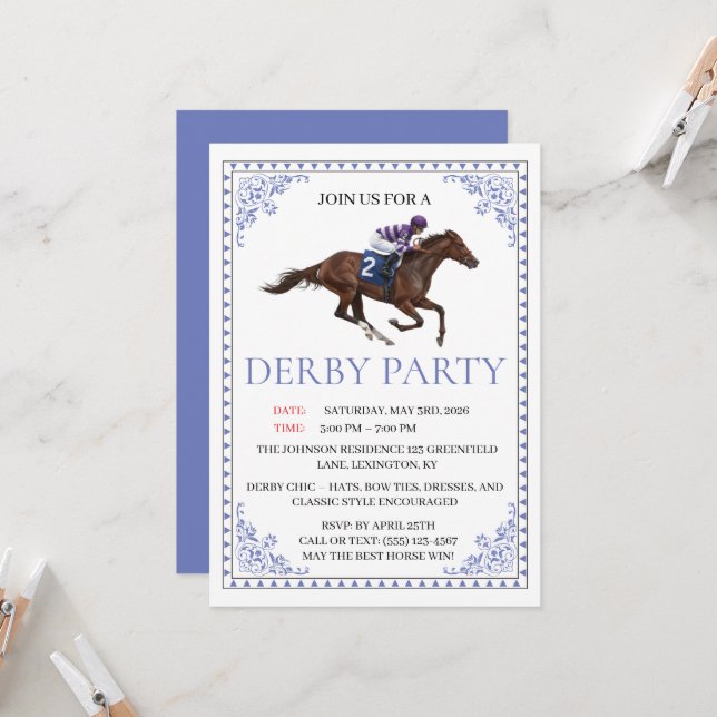 Invitation Blue Chinoiserie Horse Race Derby Party Invite (Devant/Arrière en situation)
