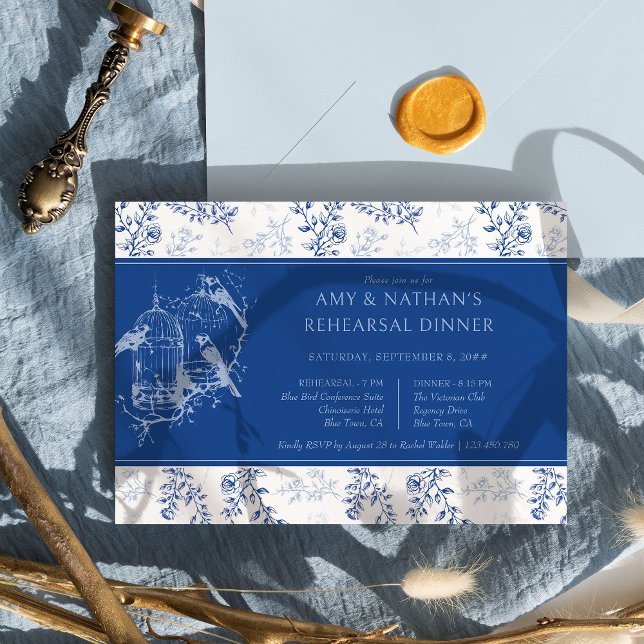 Invitation Blue Chinoiserie Romantique Mariage Dîner de répét (Blue Wedding Rehearsal Dinner Invitation from the Chinoiserie Wedding Collection by Darling & May)