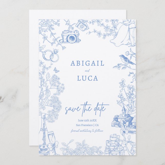 Invitation Blue Chinoiserie Toile de Jouy Mariage Date de sau (Devant / Derrière)