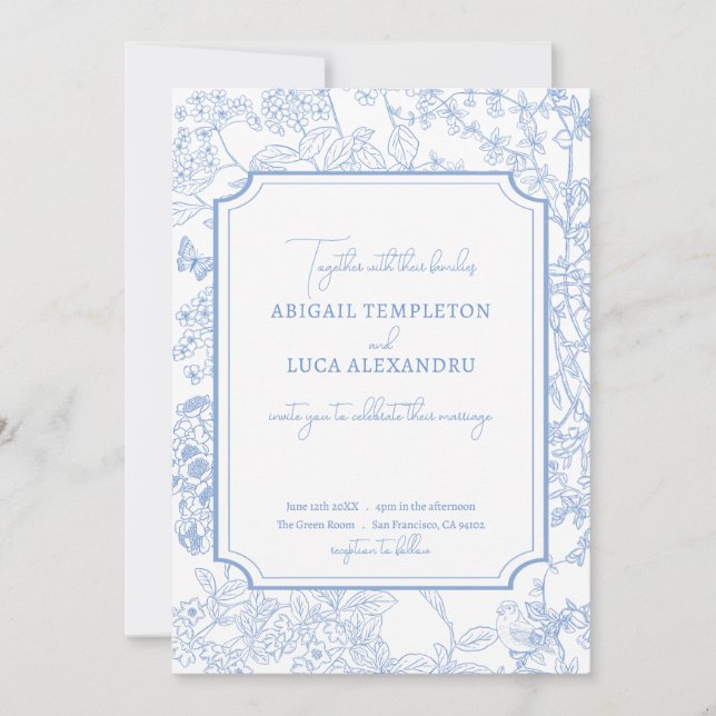 Invitation Blue Chinoiserie Toile de Jouy Mariage Date de sau (Devant)