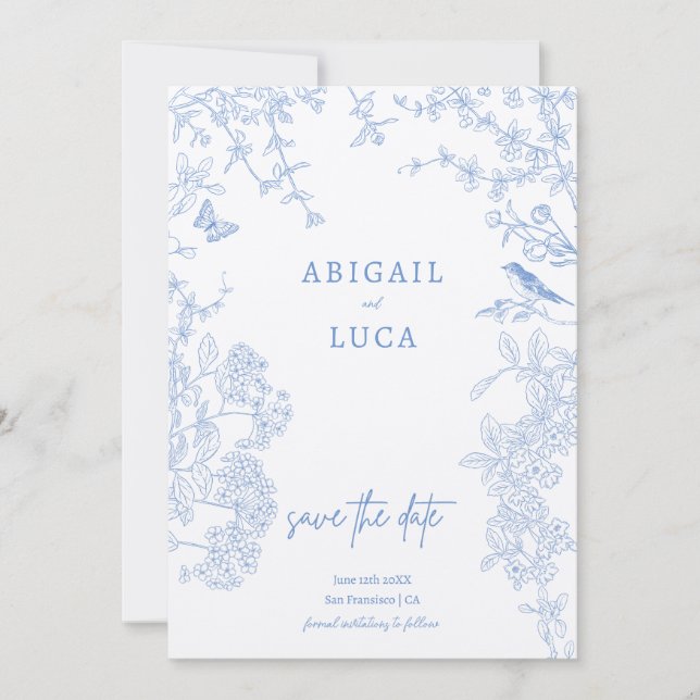 Invitation Blue Chinoiserie Toile de Jouy Mariage Enregistrer (Devant)