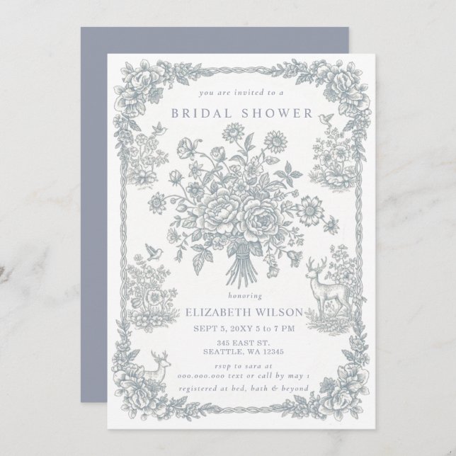 Invitation Blue Chinoiserie Toile Floral Bridal Shower (Devant / Derrière)