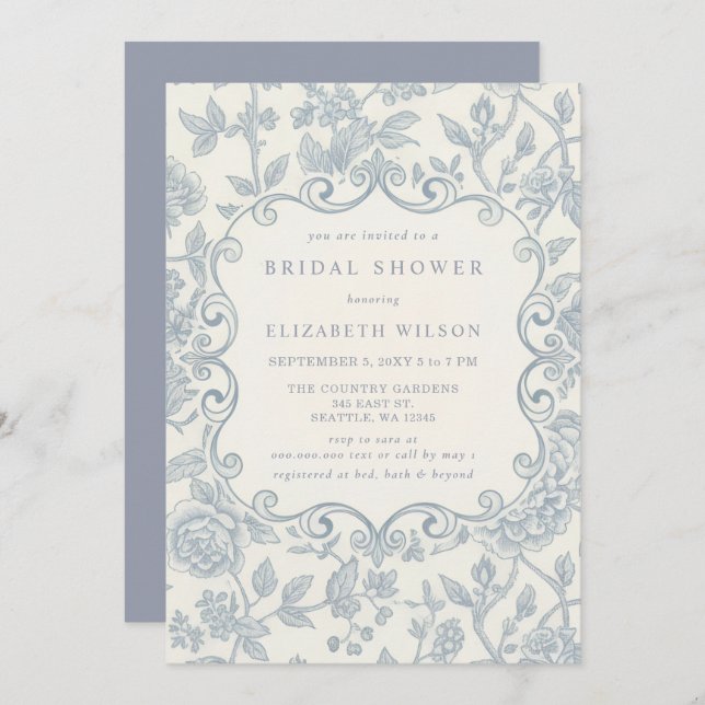 Invitation Blue Chinoiserie Toile Floral Bridal Shower (Devant / Derrière)