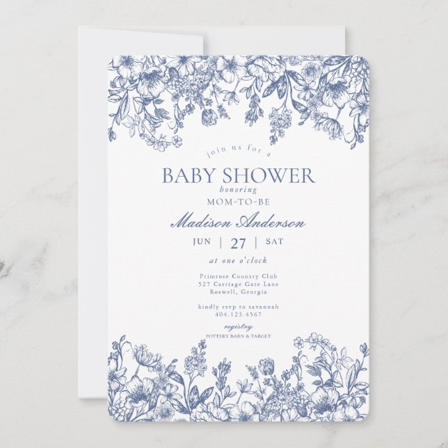 Invitation Blue Chinoiserie Vintage Floral Baby Shower (Devant)