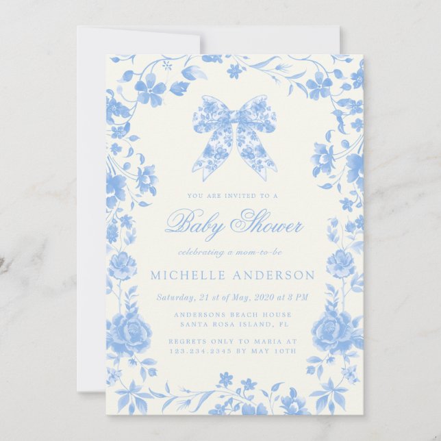Invitation Blue Chinoiserie Vintage Floral BabyDouche (Devant)