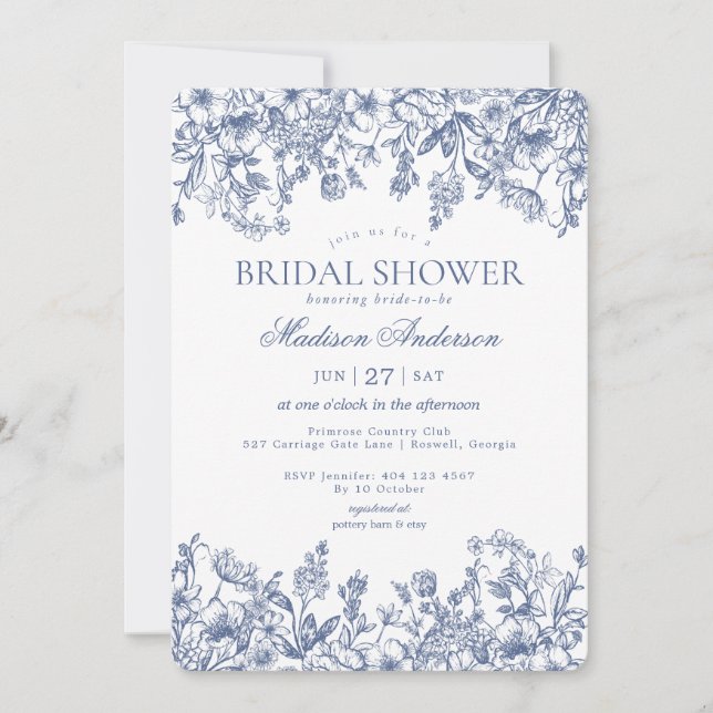 Invitation Blue Chinoiserie Vintage Floral Bridal Shower (Devant)