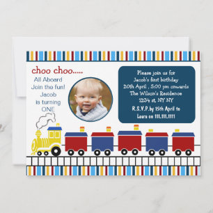 Invitation blue choo choo train premier anniversaire photo in