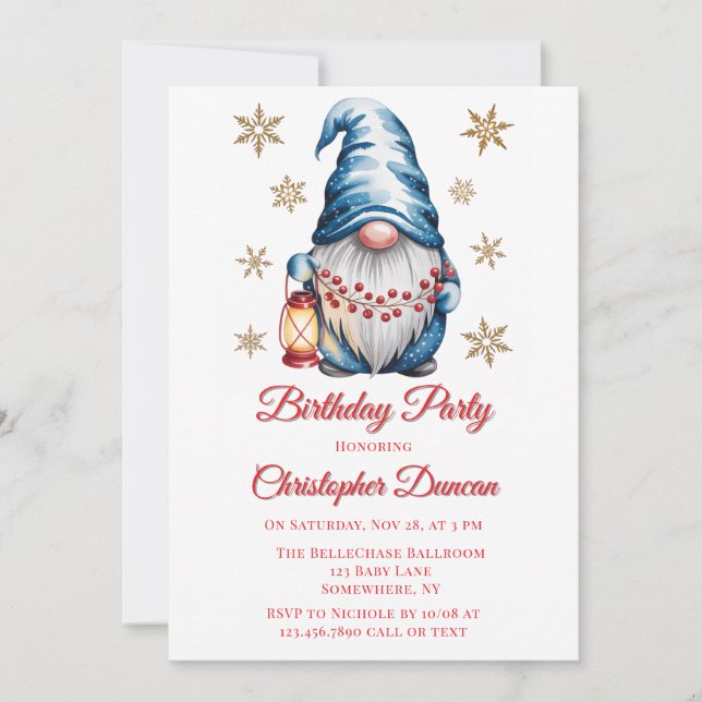 Invitation Blue Christmas Gnome Boy Birthday Party (Devant)