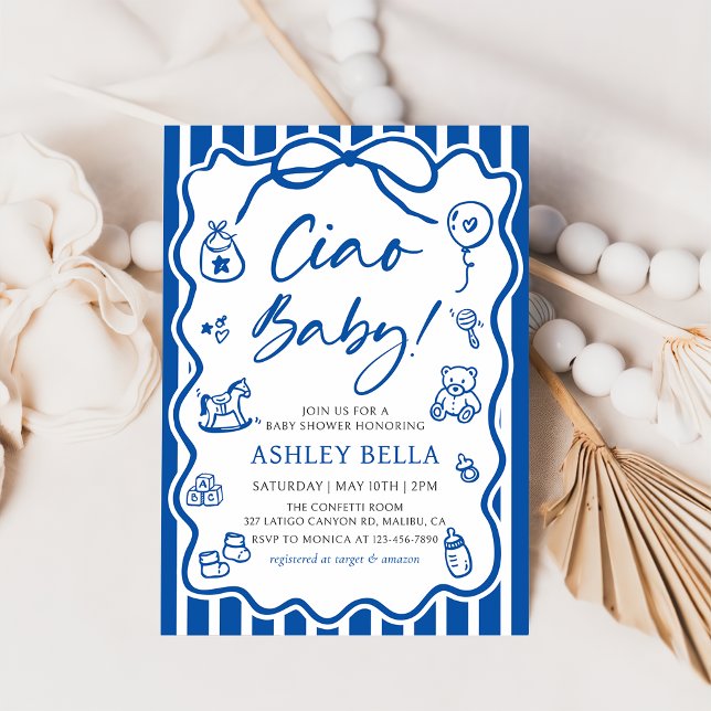 Invitation Blue Ciao Baby Whimsical Baby shower italien (Créateur téléchargé)