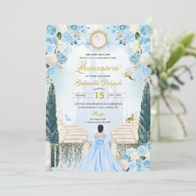 Invitation Blue Cinderella Princesse Fairy Quinceanera (Debout devant)