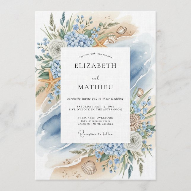 Invitation Blue Coastal Bloom Beach Wedding (Devant)
