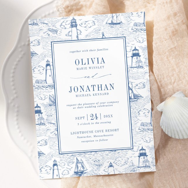 Invitation Blue Coastal Chic Lighthouse Toile Wedding (Créateur téléchargé)