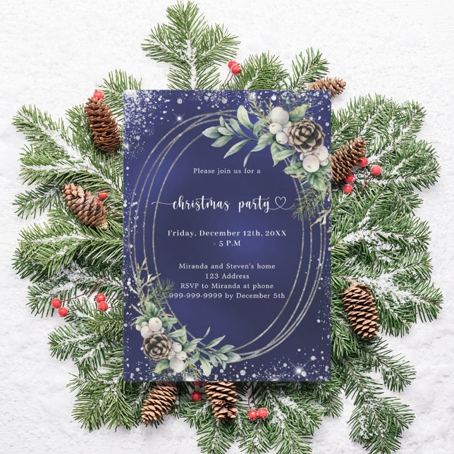 Invitation Blue cone pine greenery glitter Christmas Party (Créateur téléchargé)