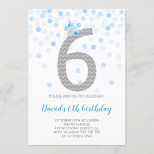 Invitation Blue Confetti Boy Party 6e anniversaire