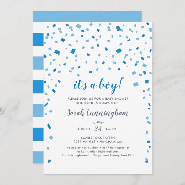 Invitation Blue Confetti C'est un Baby shower garçon (Devant / Derrière)