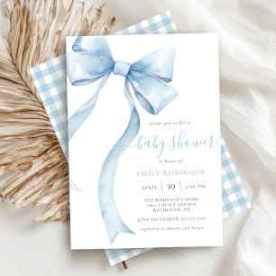 Invitation Blue Coquette Bow En vichy Boy Baby shower Invitat