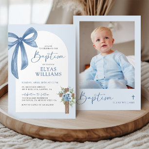 Invitation Blue Coquette Bow Floral Cross Boy Baptism Photo