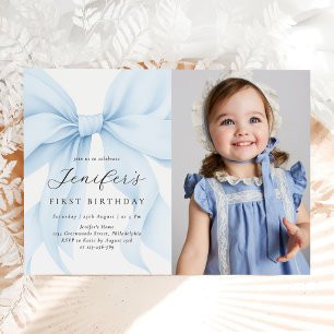 Invitation Blue Coquette Bow Girl Birthday Party Photo