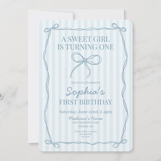 Invitation Blue Coquette Bow Pastel Fête d'Anniversaire (Devant)