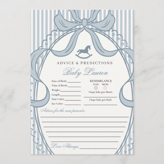 Invitation Blue Coquette Bow Rocking Horse Baby Advice Card (Devant)
