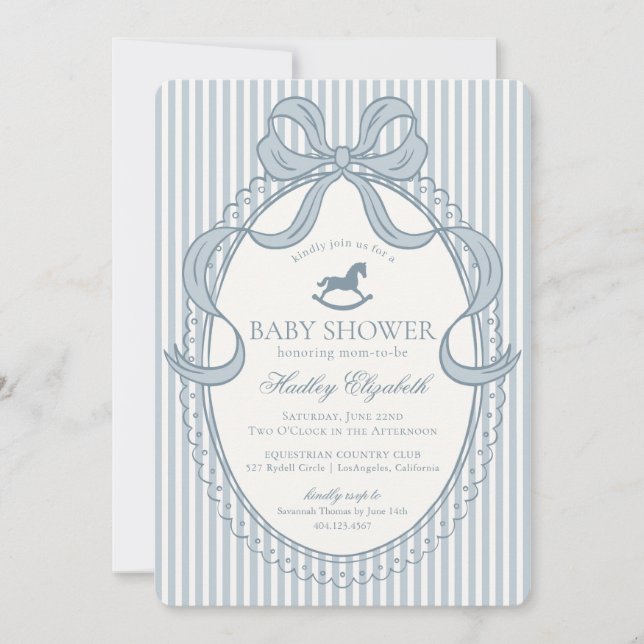 Invitation Blue Coquette Bow Rocking Horse Baby Shower (Devant)