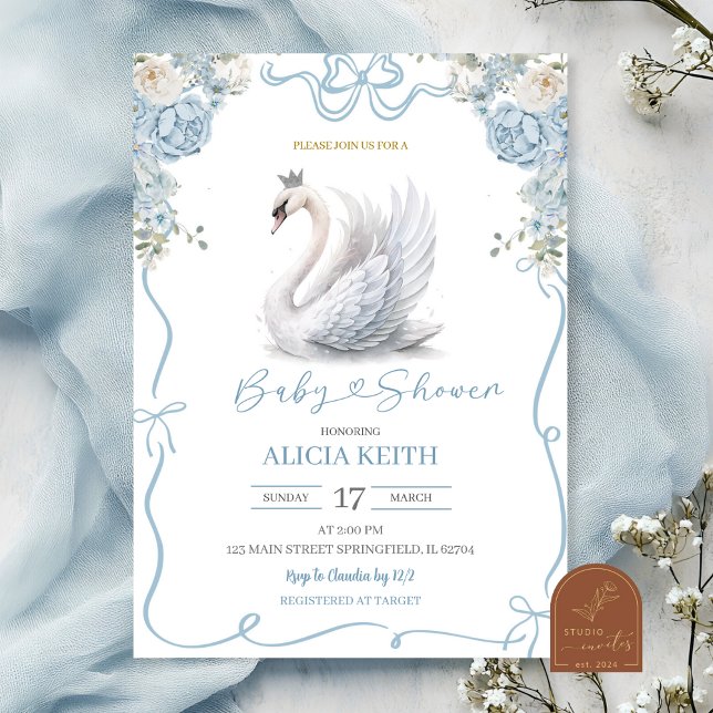 Invitation Blue Coquette Crowned Swan Baby Shower (Créateur téléchargé)