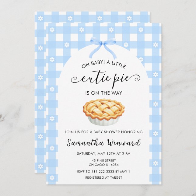 Invitation Blue Coquette Cutie Pie Baby Shower (Devant / Derrière)
